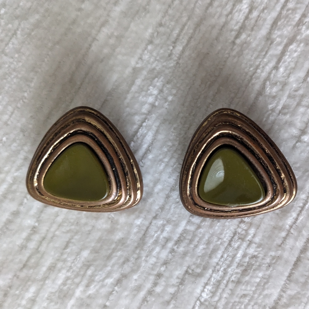 Vintage 1970's Clip On Earrings Golden and Green Triangle